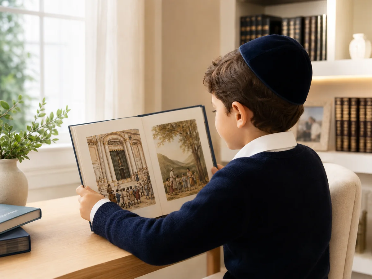 ילד קורא ספר יהודי באווירה ביתית